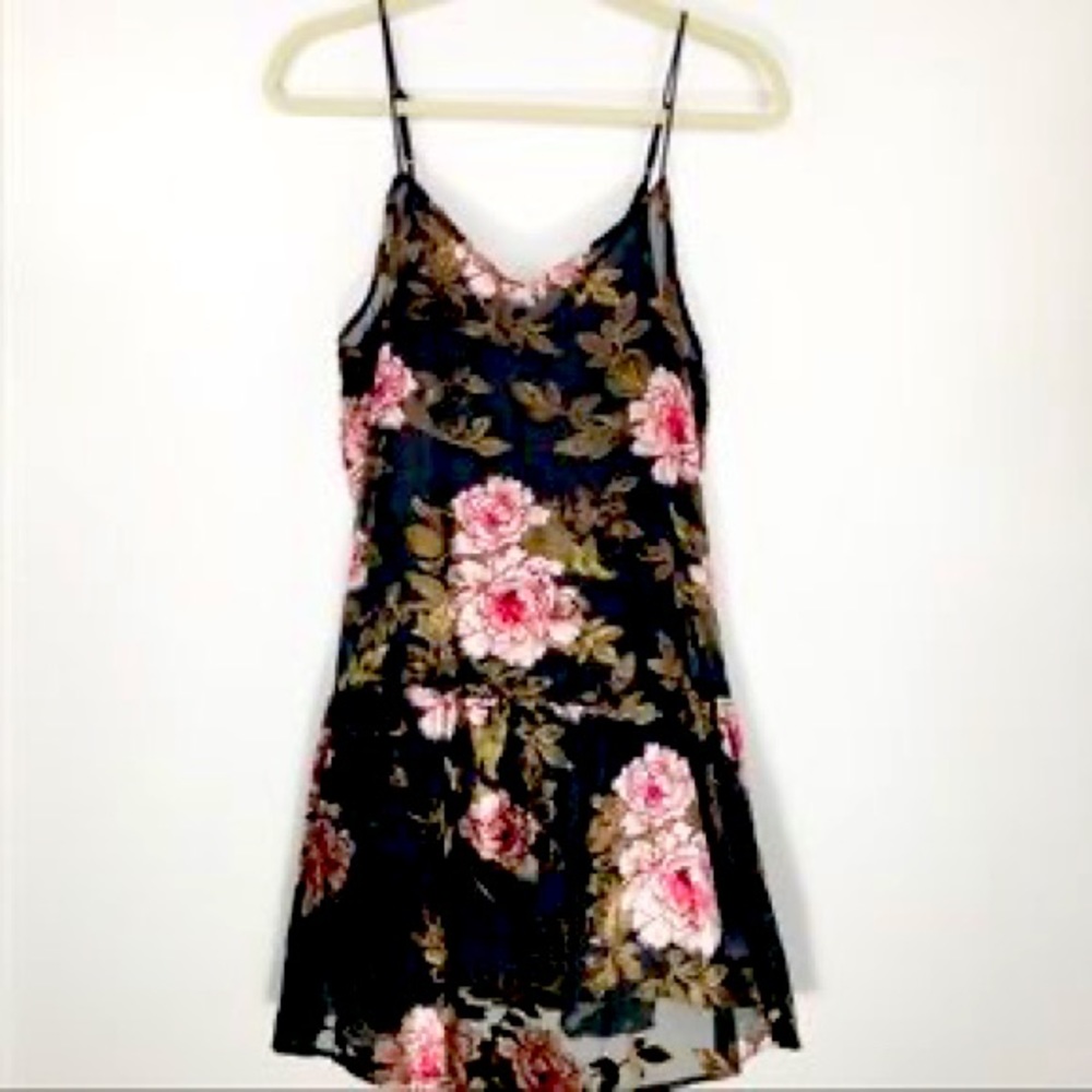 American Eagle Black Floral Slip Dress Sheer Velvet